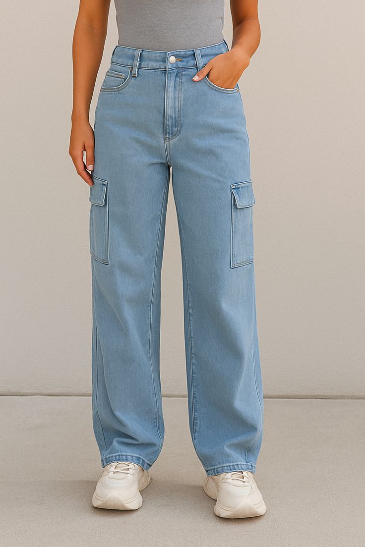 MANGO LIGHT BLUE HIGH WAISTED CARGO WIDE LEG JEANS