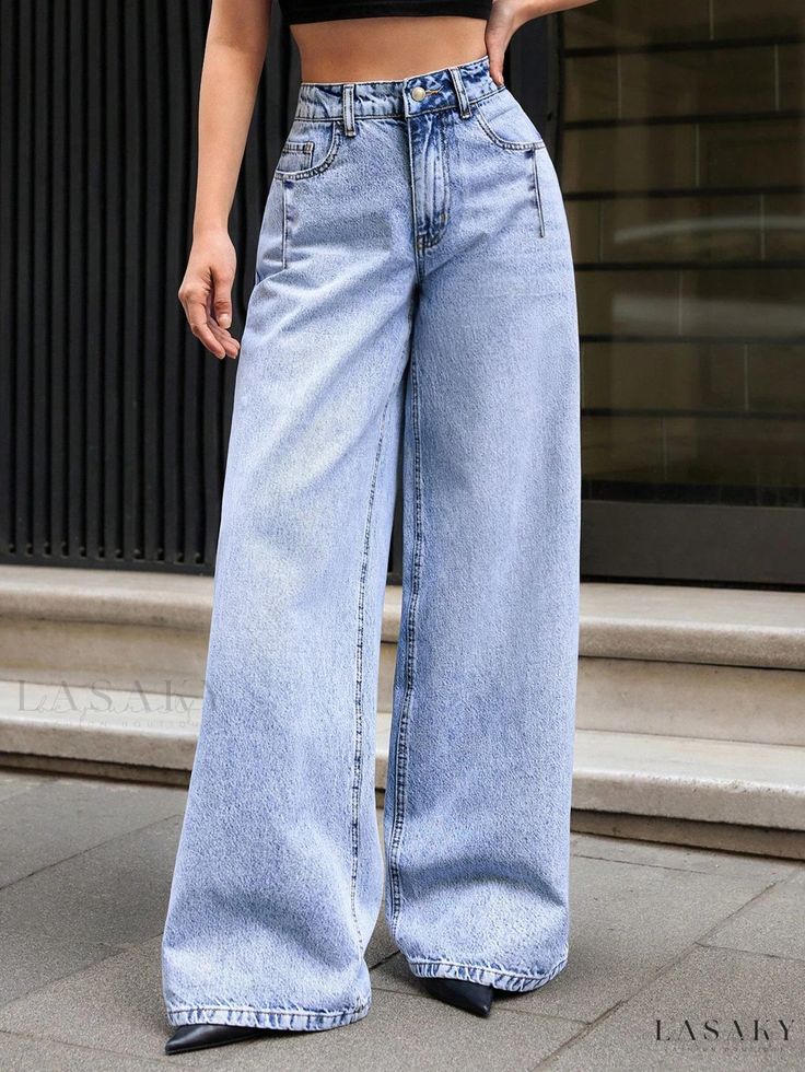 MANGO LIGHT BLUE HIGH WAISTED WIDE LEG JEANS