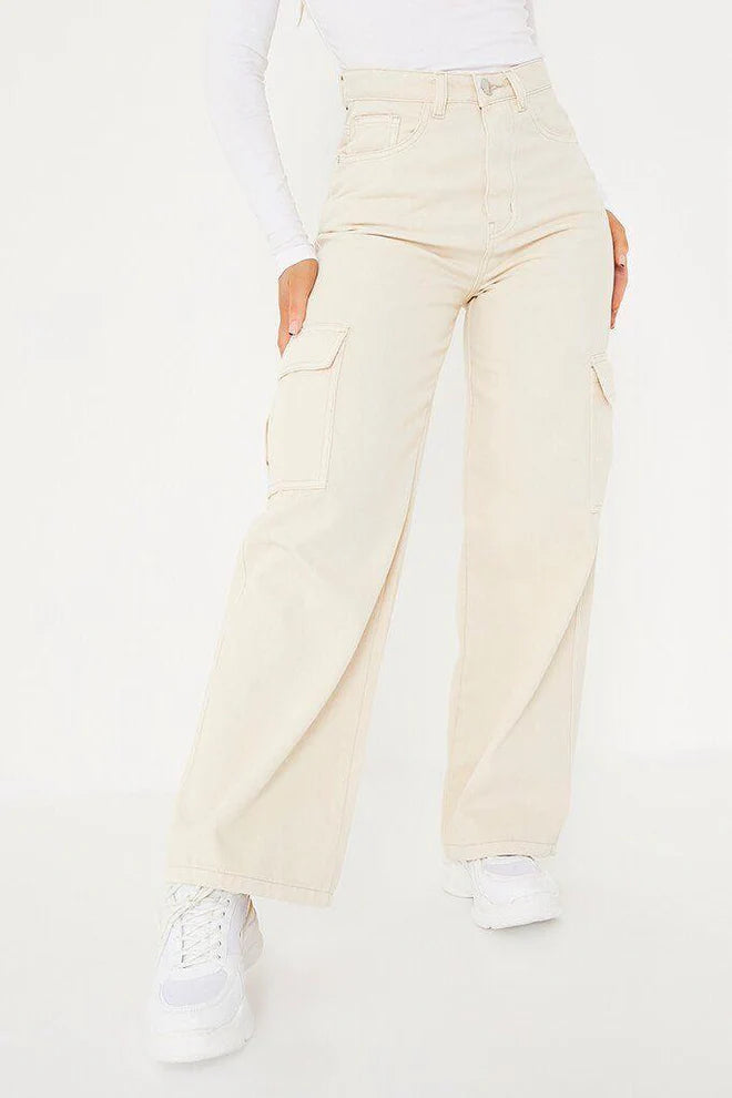 OFF-WHITE HIGH WAISTED WIDE LEG CARGO JEANS