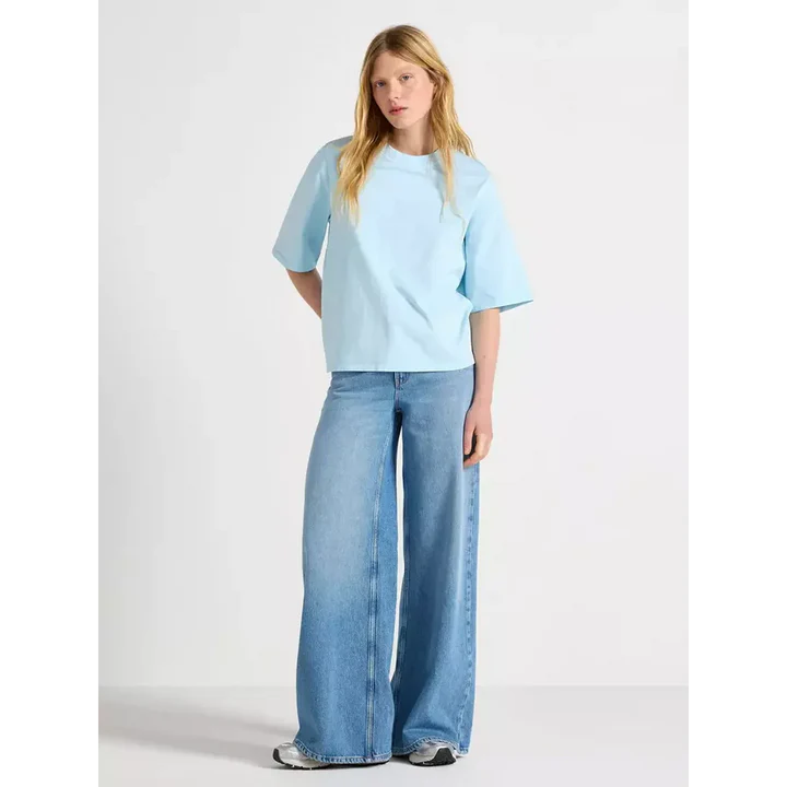 MID BLUE HIGH WAISTED WIDE LEG JEANS