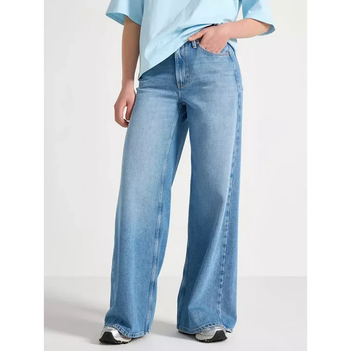 MID BLUE HIGH WAISTED WIDE LEG JEANS