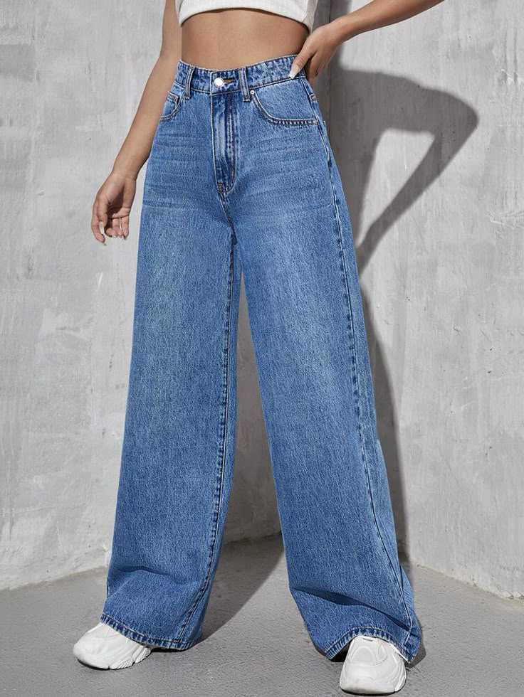MID BLUE HIGH WAISTED WIDE LEG JEANS
