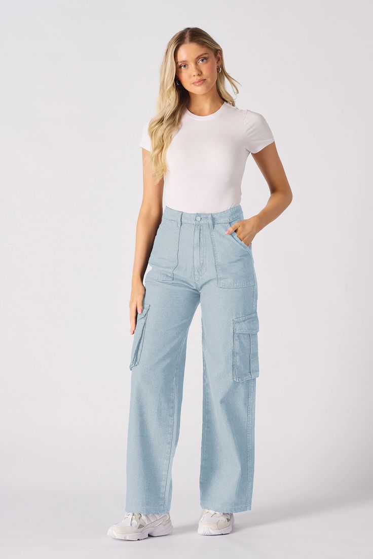 HM LIGHT BLUE HIGH WAISTED CARGO WIDE LEG JEANS