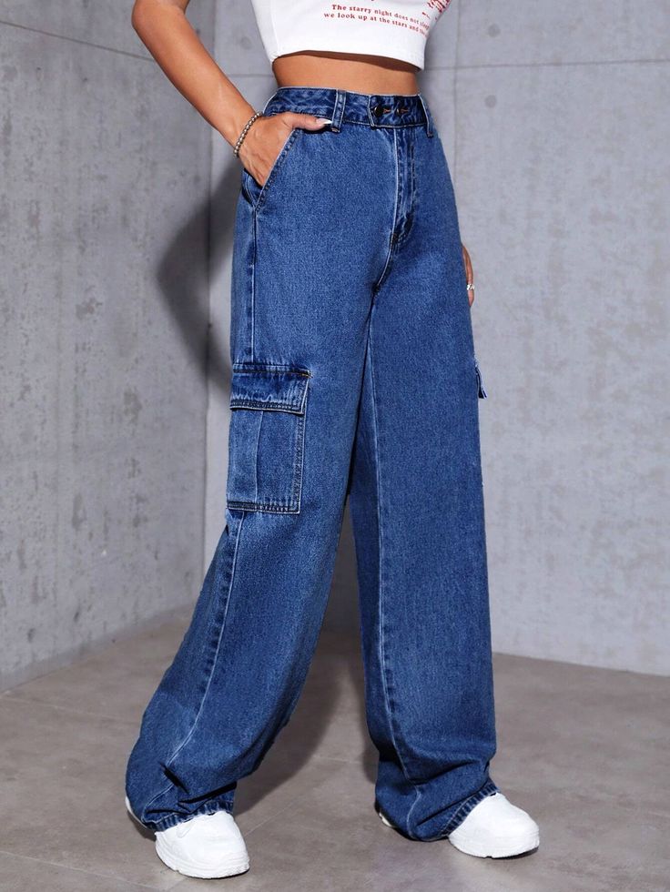 MANGO MID BLUE WASH CARGO WIDE LEG JEANS