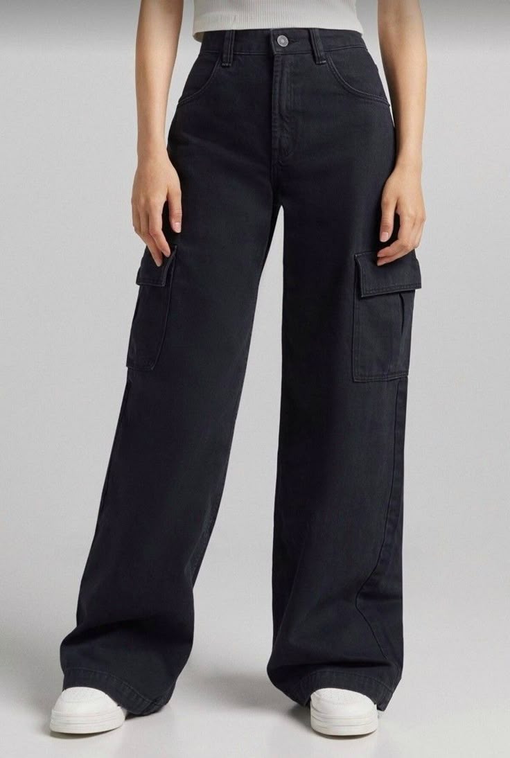 MANGO PURE BLACK CARGO WIDE LEG JEANS