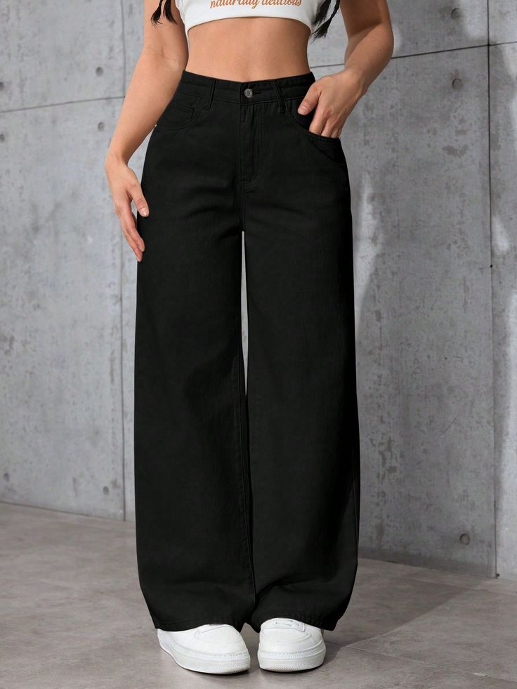 ZARA PURE BLACK HIGH WAISTED WIDE LEG JEANS