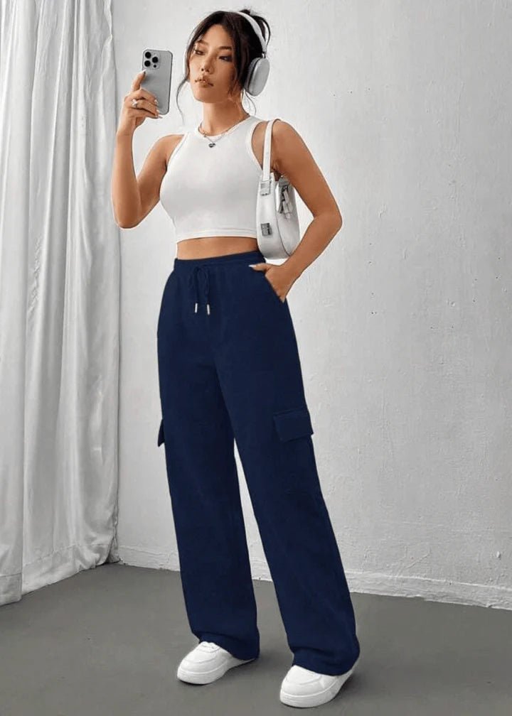 PULL&BEAR NAVY BLUE HIGH WAISTED CARGO SWEATPANT