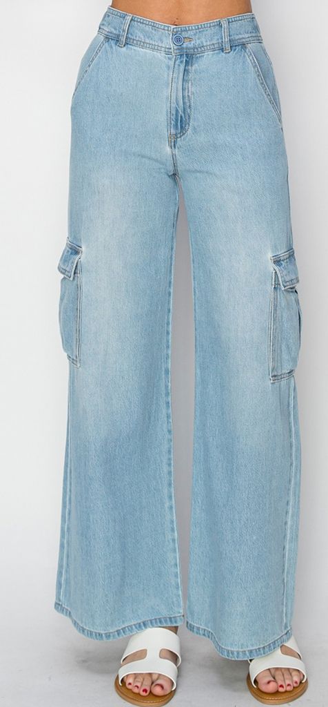 MANGO LIGHT BLUE HIGH WAISTED CARGO WIDE LEG JEANS