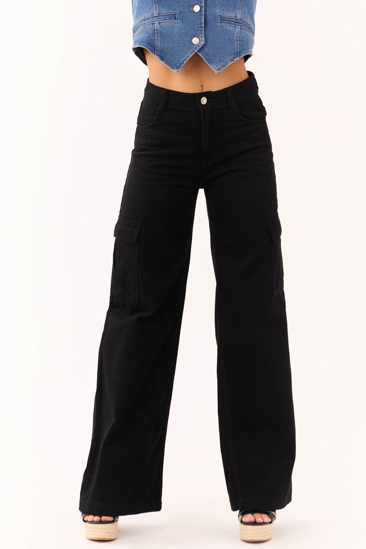 MANGO PURE BLACK CARGO WIDE LEG JEANS