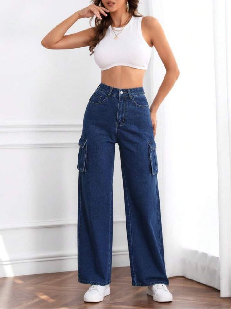 MANGO DARK BLUE CARGO WIDE LEG JEANS
