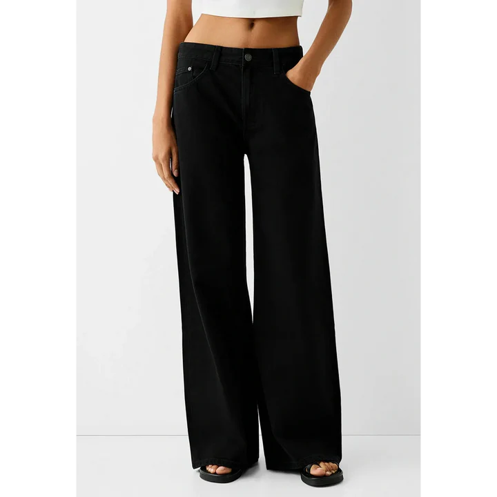 HM PURE BLACK HIGH WAISTED WIDE LEG JEANS